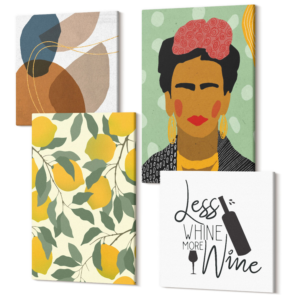 Sada obrazov na stenu kvadryptych Portrét Fridy Kahlo z fľaše vína s citrónom