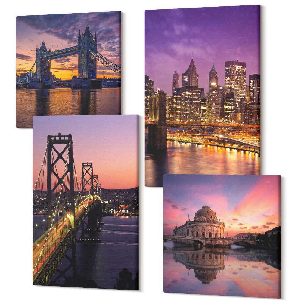 Sada obrazov na stenu kvadryptych Mosty pri západe slnka a panorámy mesta
