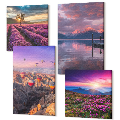 Sada 4 obrazov Krajina s levanduľovými poliami a západom slnka