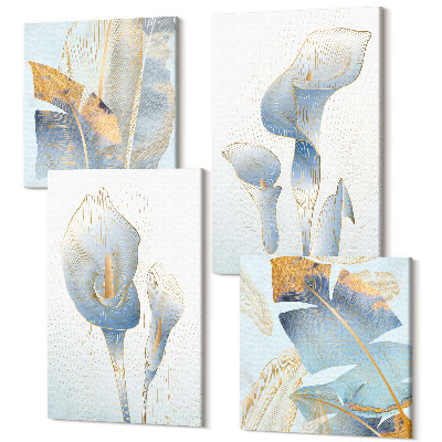 Sada 4 obrazov Jemné modré kvety a listy na svetlom pozadí