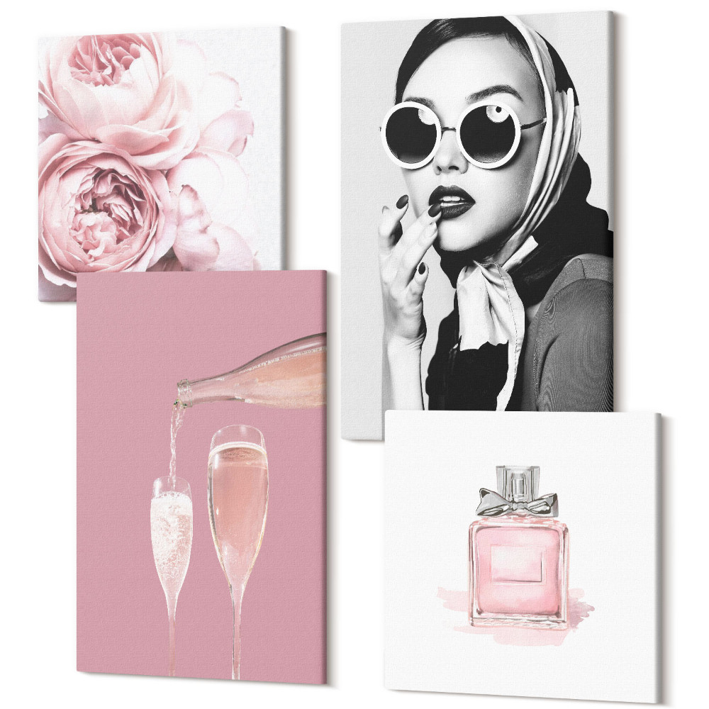 Sada 4 obrazov Štýlové ženské doplnky v odtieňoch ružovej