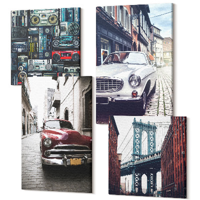 Sada obrazov kvadryptych Staré autá na ulici Brooklyn Bridge a retro audio zariadenia