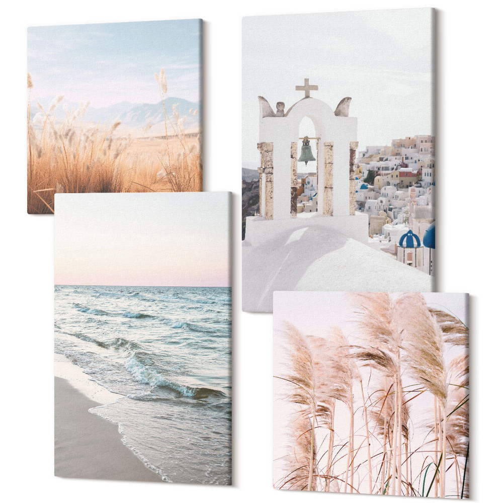 Sada 4 obrazov Prímorské rastliny, morské vlny, pohľad na biele domy