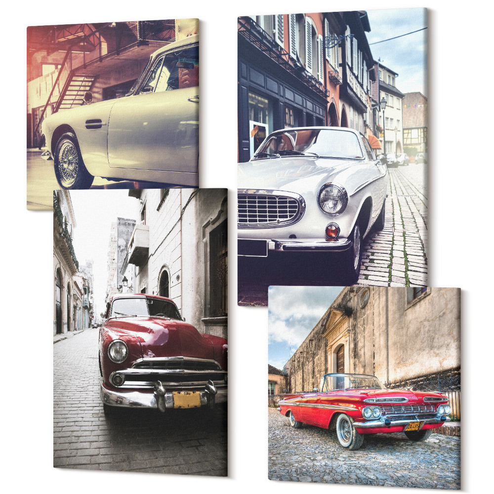 Sada obrazov kvadryptych Klasické autá v uliciach mesta v rôznych farbách