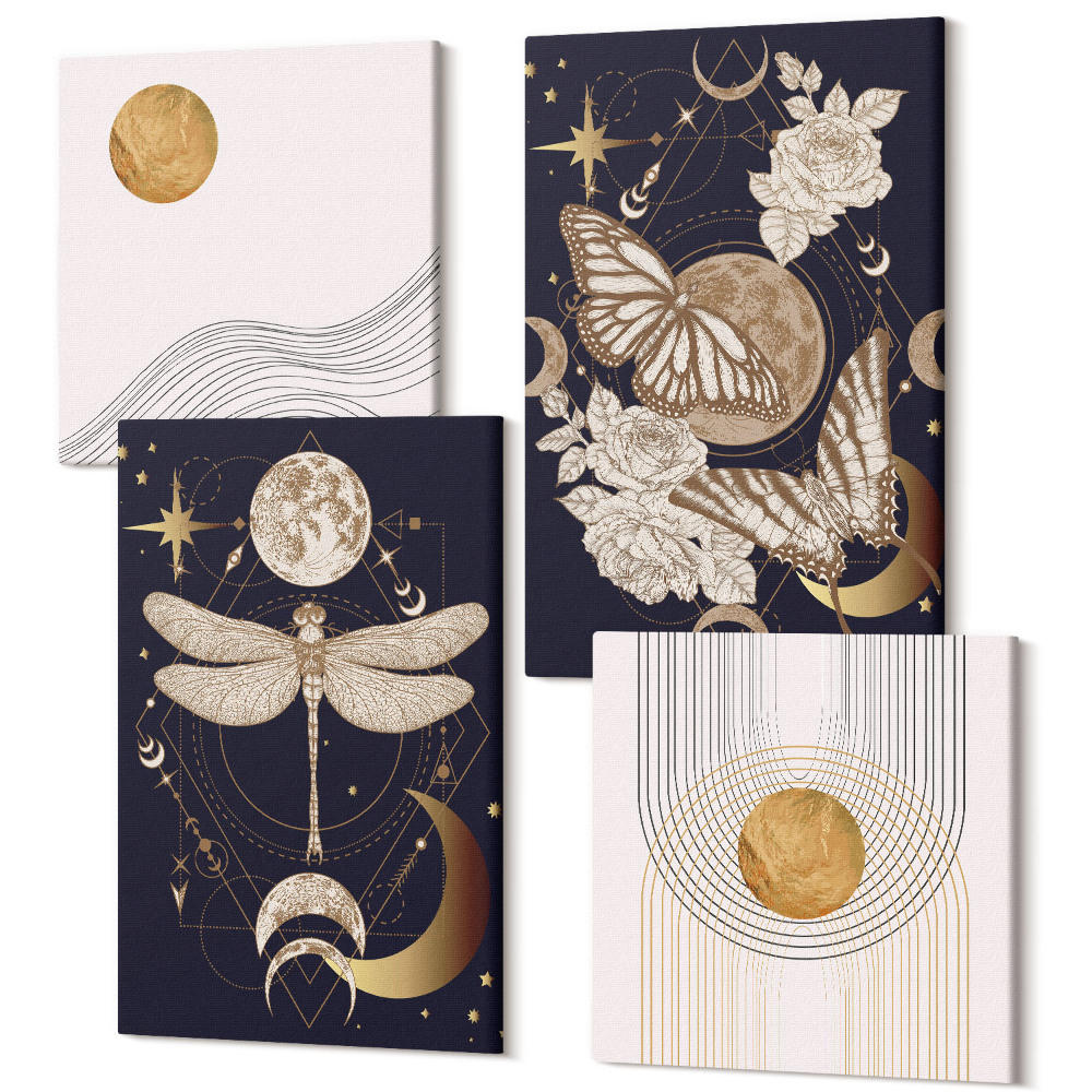Sada 4 obrazov Prírodné motívy s mesiacom, vesmírom a kvetmi