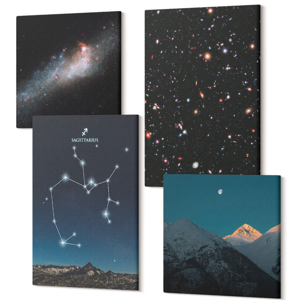 Sada 4 obrazov Galaxie, súhvezdia a vesmírne znamenie zverokruhu Strelec