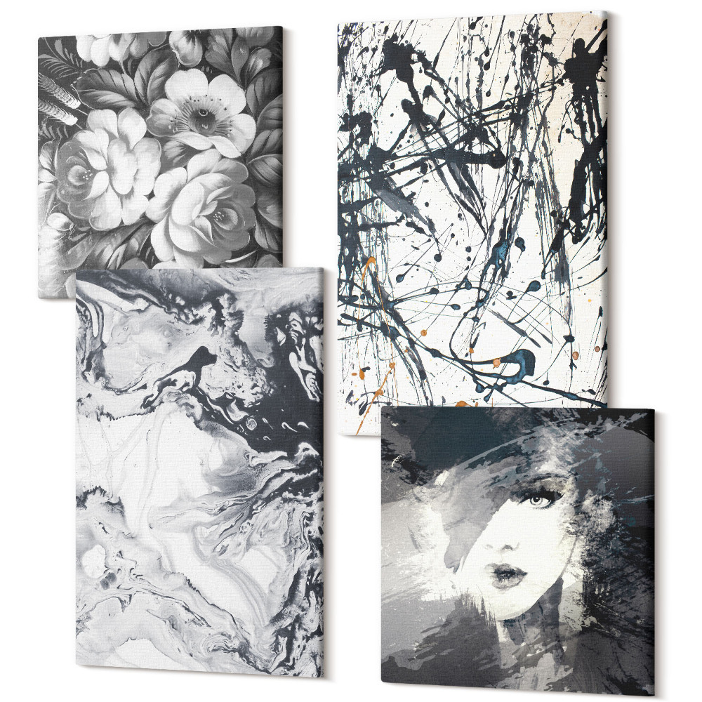 Sada 4 obrazov Abstraktné vzory v odtieňoch čiernej a bielej