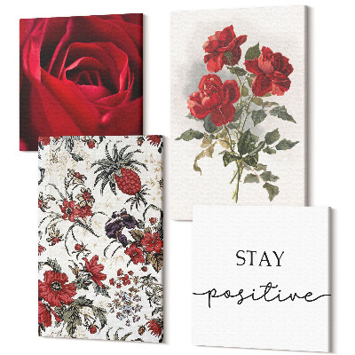 Sada obrazov kvadryptych Kvety červenej ruže a inšpiratívny nápis