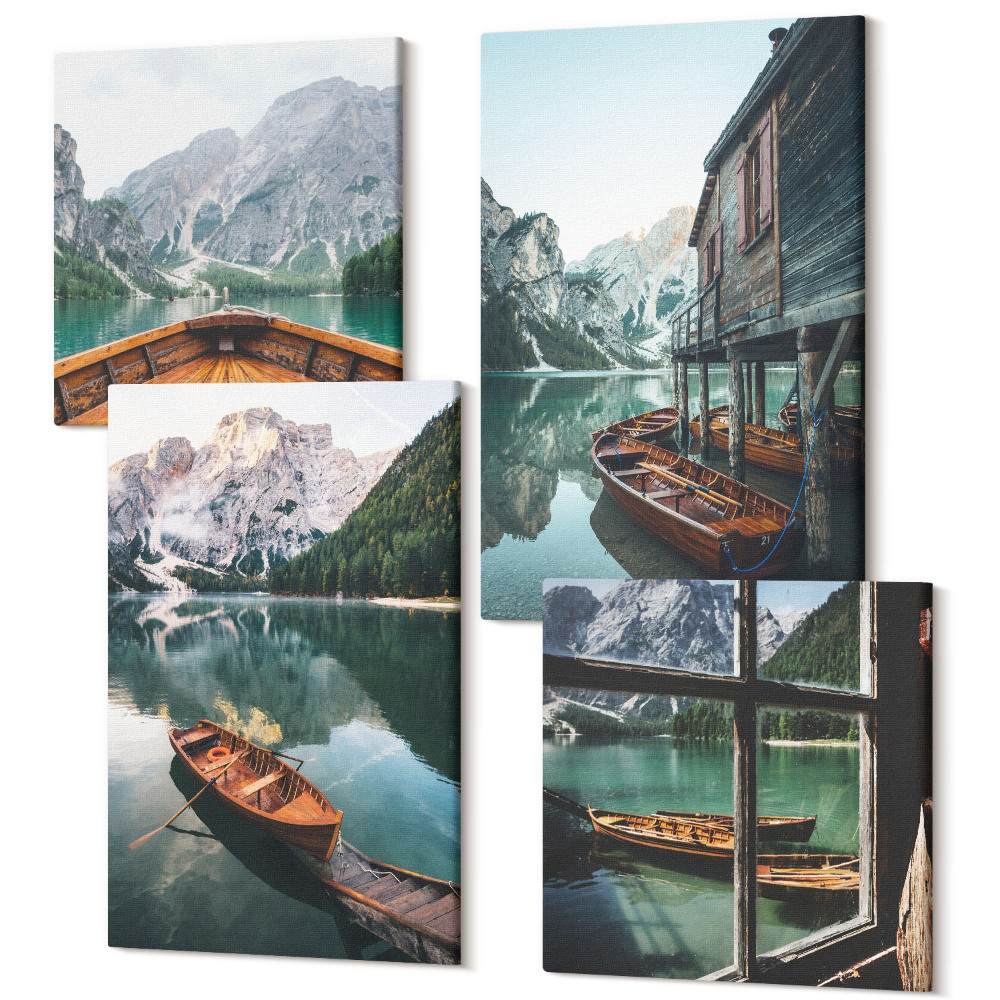 Sada 4 obrazov Pohľad na horské jazero s člnmi a domom pri vode