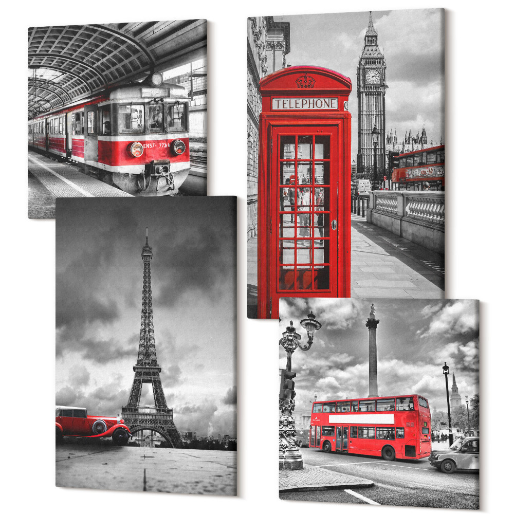 Sada obrazov na stenu kvadryptych Ikonické mestá Londýn Paríž a železničná doprava