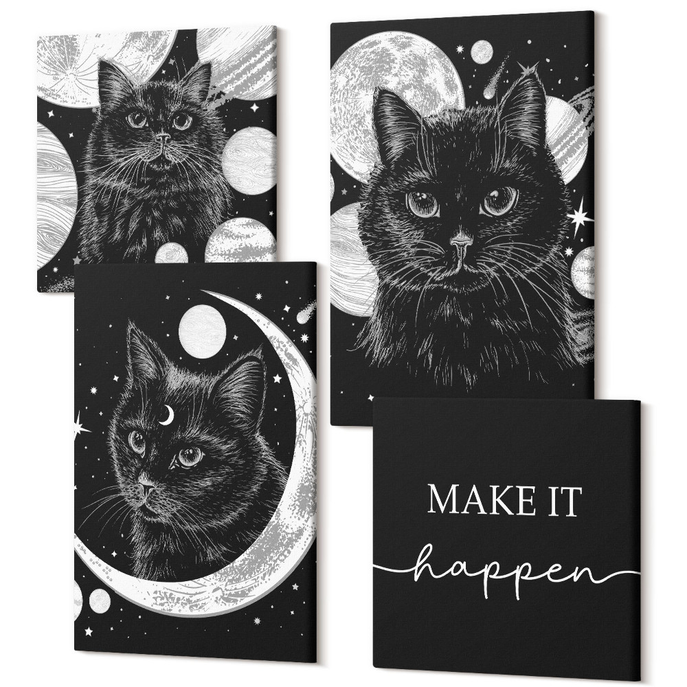 Sada 4 obrazov Čierne mačky na pozadí Mesiaca a planét vo vesmíre