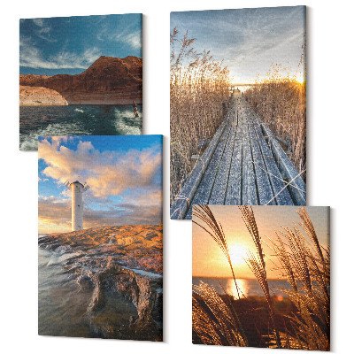 Sada obrazov kvadryptych Pohľad na maják pri mori, trávu a drevené mólo