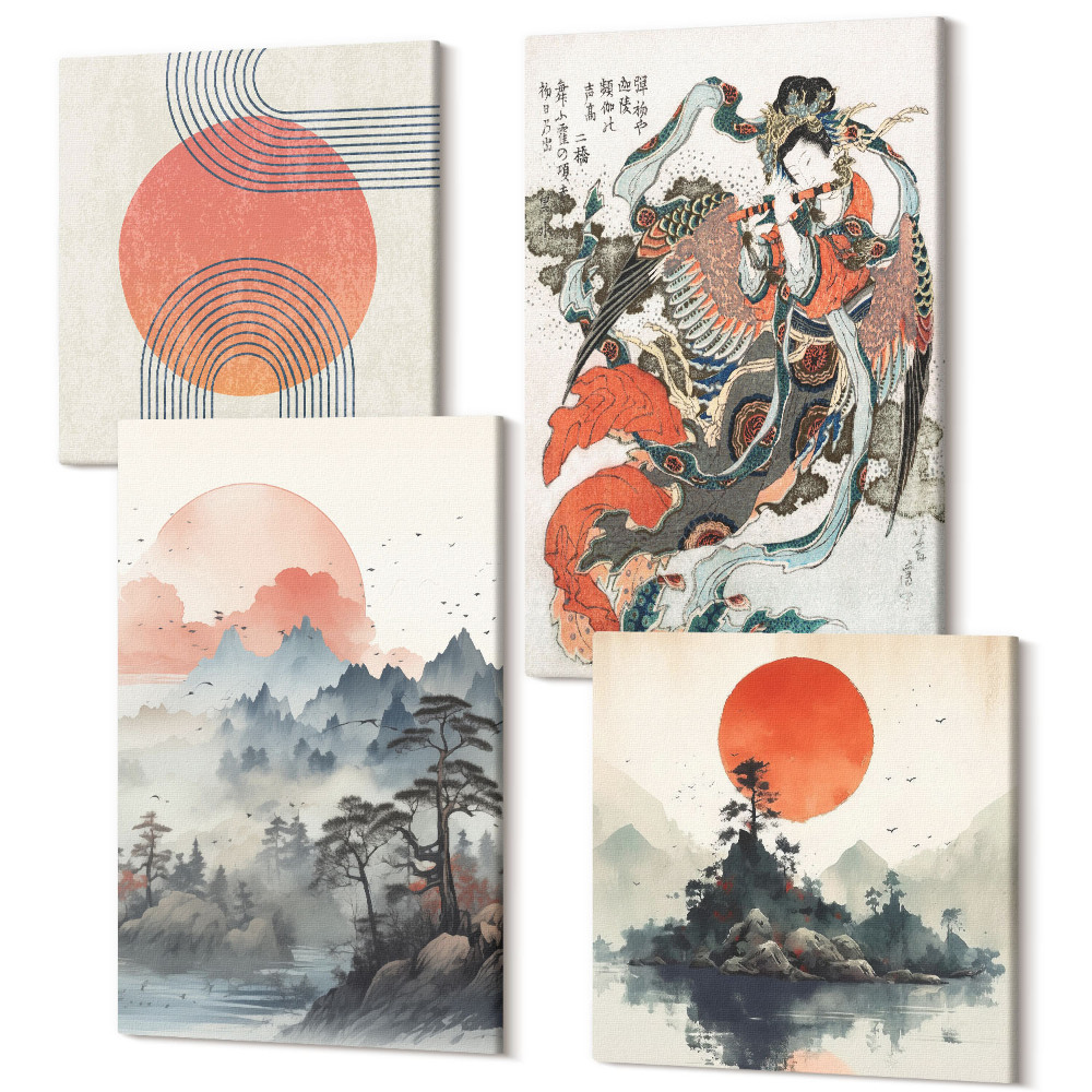 Sada 4 obrazov Ázijské krajinomaľby a portréty v japonskom štýle