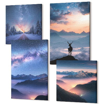 Sada 4 obrazov Nočná obloha, hory, krajina v hmle a jeleň