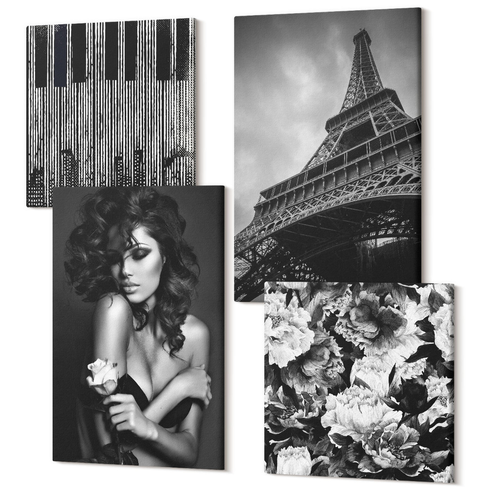 Sada 4 obrazov Portrét ženy s ružou, abstrakty Eiffelovej veže