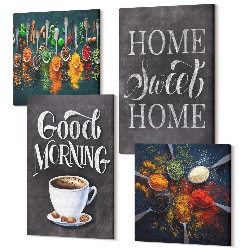 Sada 4 obrazov Okorení kávu šálkou kuchynské bylinky s korením