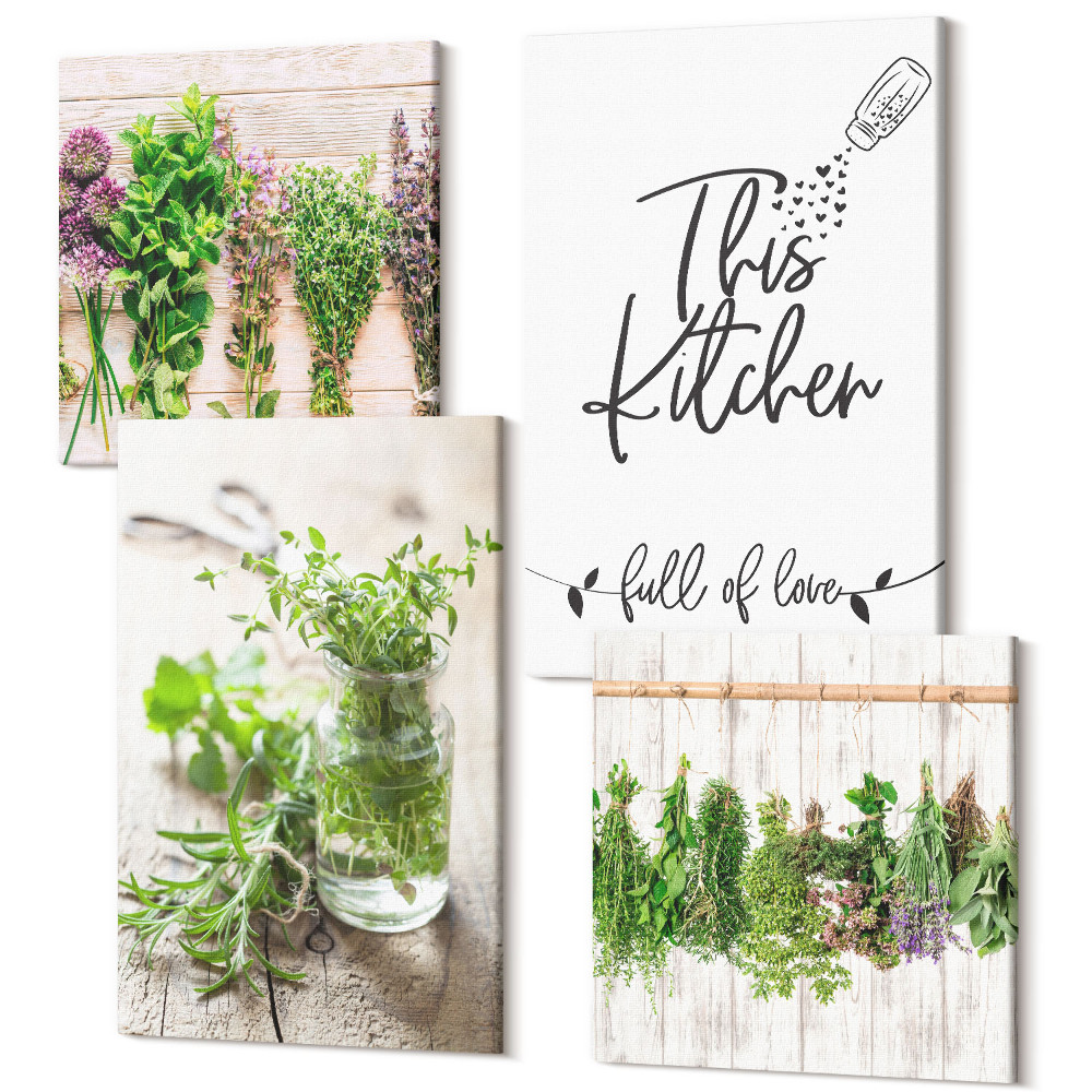 Sada 4 obrazov Motív kuchyne s nápisom sušené bylinky