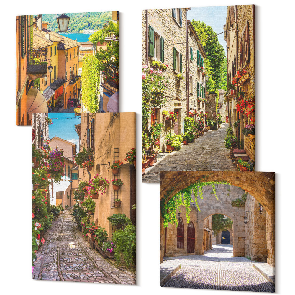 Sada 4 obrazov Talianske uličky s kvetmi a krajinnou architektúrou