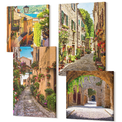 Sada 4 obrazov Talianske uličky s kvetmi a krajinnou architektúrou