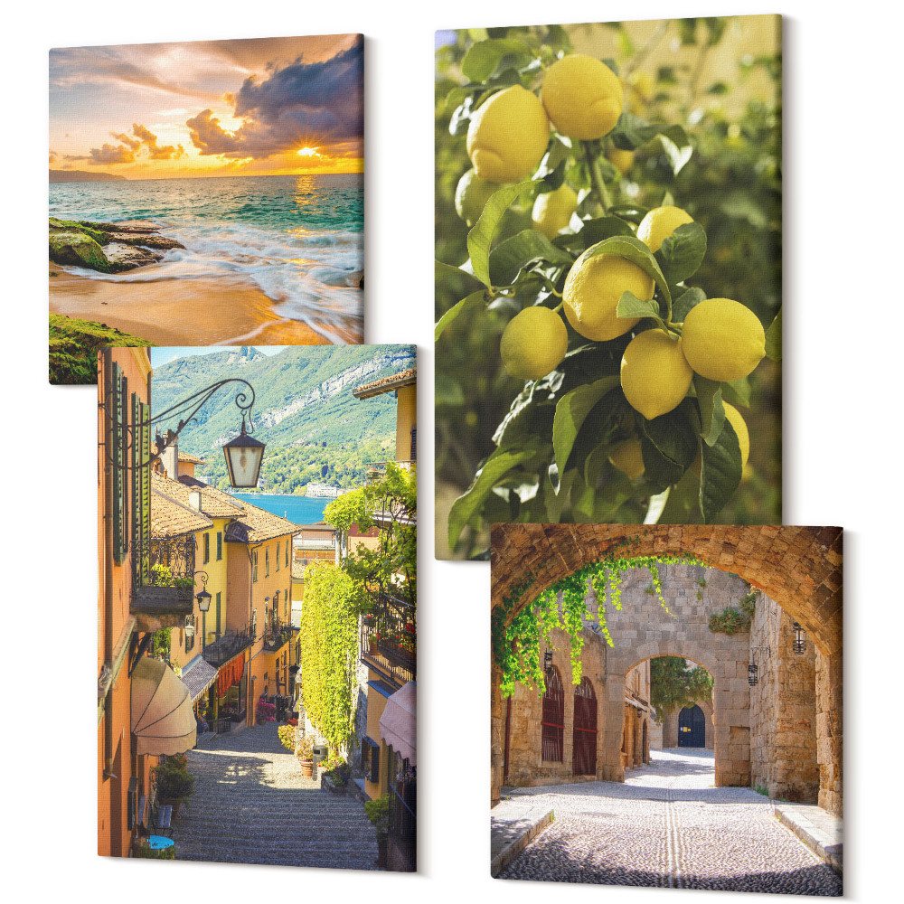 Sada 4 obrazov Malebné uličky, more, pláž a citrusové stromy
