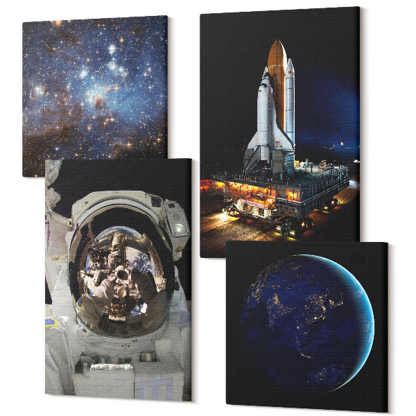 Sada obrazov kvadryptych Pohľady do vesmíru so Zemou, astronautom a raketou