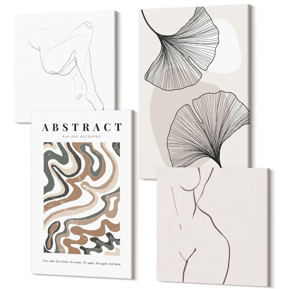 Sada obrazov kvadryptych Abstraktný plagát ženských tvarov zanecháva boho štýl