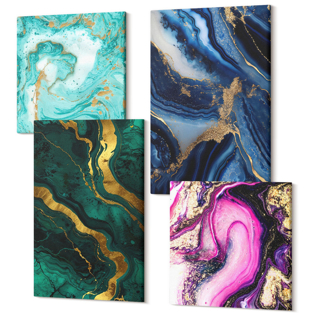 Sada obrazov na stenu kvadryptych Abstraktné vzory v odtieňoch ružovej, zelenej a modrej