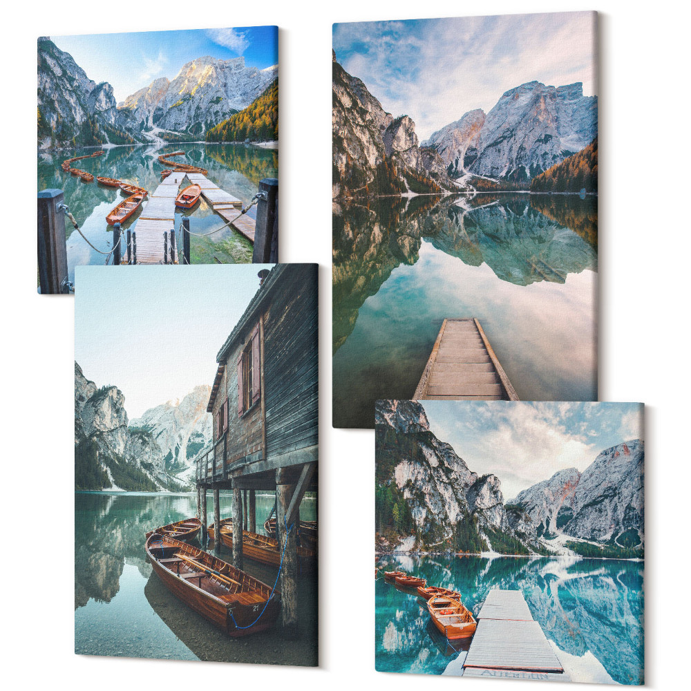 Sada 4 obrazov Tiché jazero v horách s drevenými člnmi