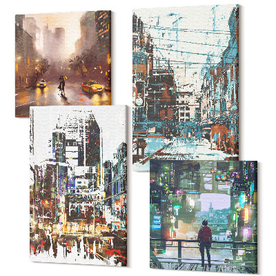 Sada obrazov kvadryptych Moderné mestá vo farbách s postavou v pozadí