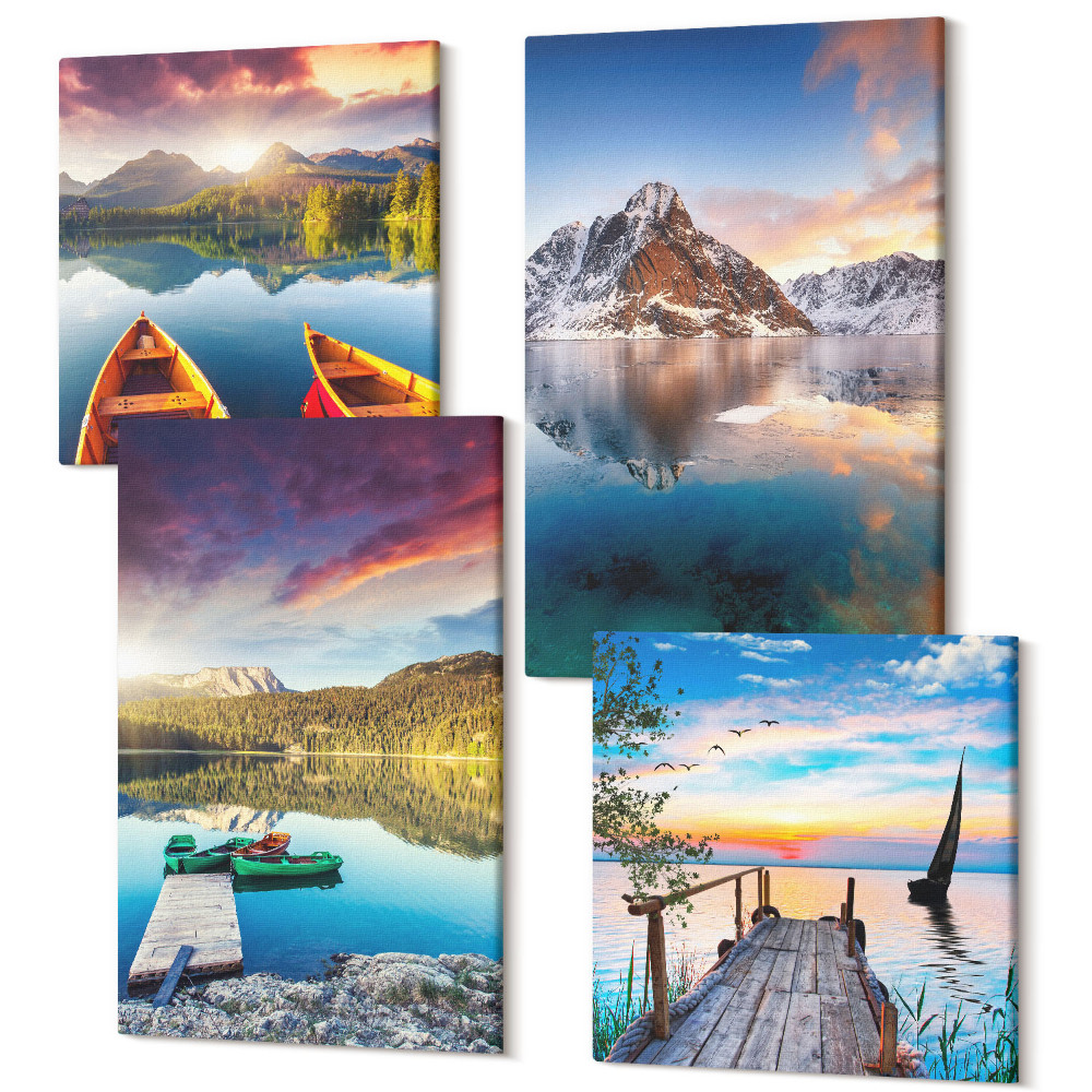 Sada 4 obrazov Pokojné jazerá s horskou scenériou a loďou