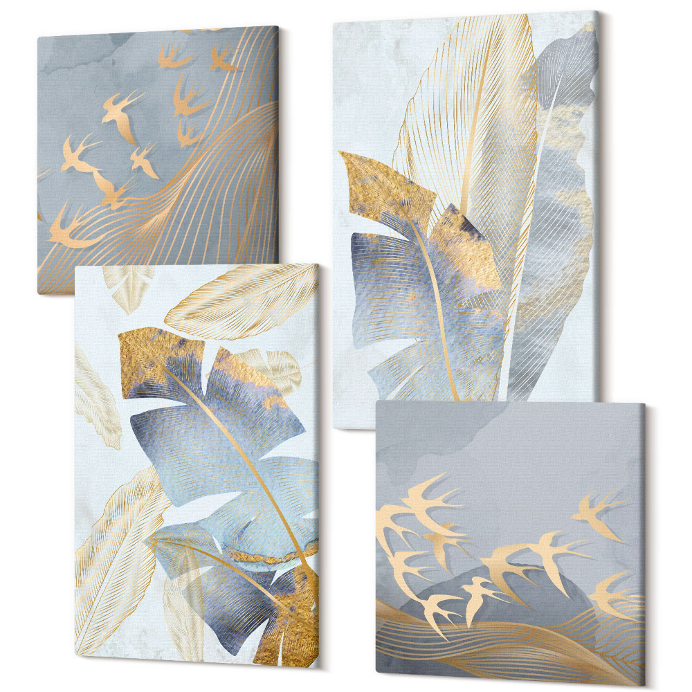 Sada obrazov kvadryptych Listy v odtieňoch modrej a béžovej na svetlom pozadí