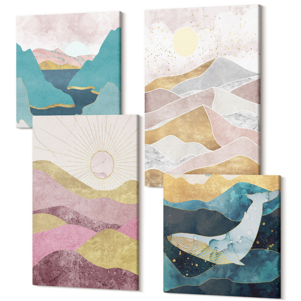 Sada obrazov kvadryptych Abstraktné krajiny s horami a slnkom