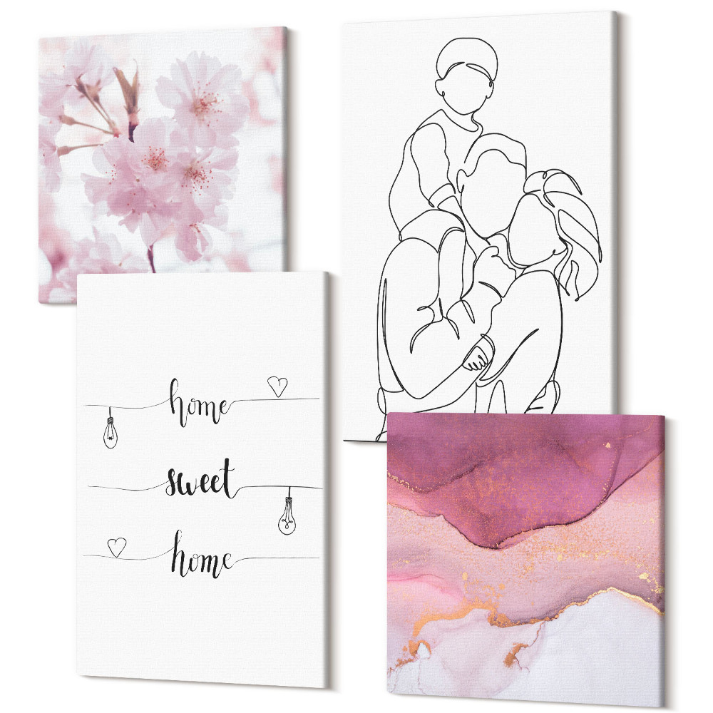 Sada obrazov kvadryptych Kvety a rodina v minimalistickom dizajne