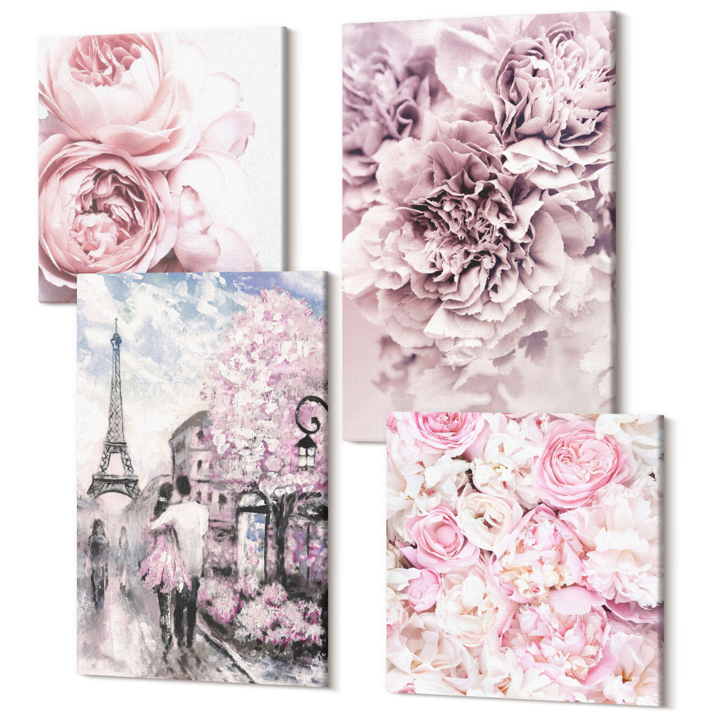 Sada obrazov na stenu kvadryptych Kvety v odtieňoch ružovej romantickej krajiny