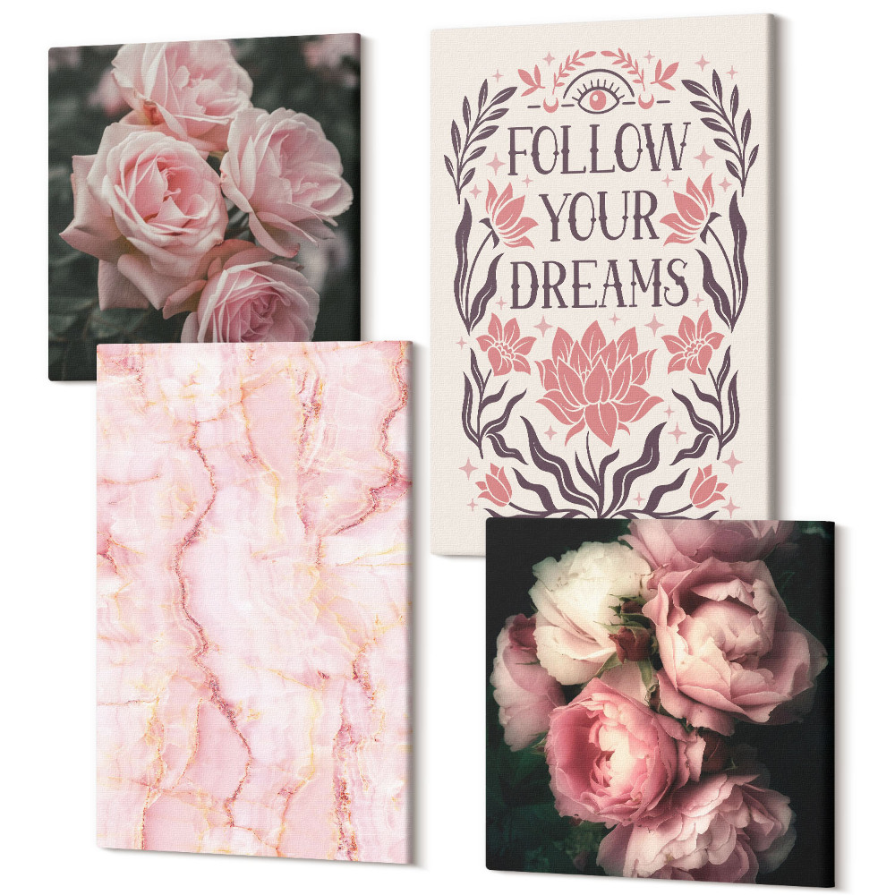 Sada obrazov na stenu kvadryptych Vintage ruže mramorový nápis o snoch