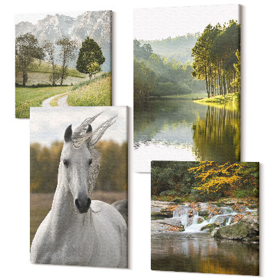 Sada obrazov kvadryptych Biele kone pri rieke prírodná krajina