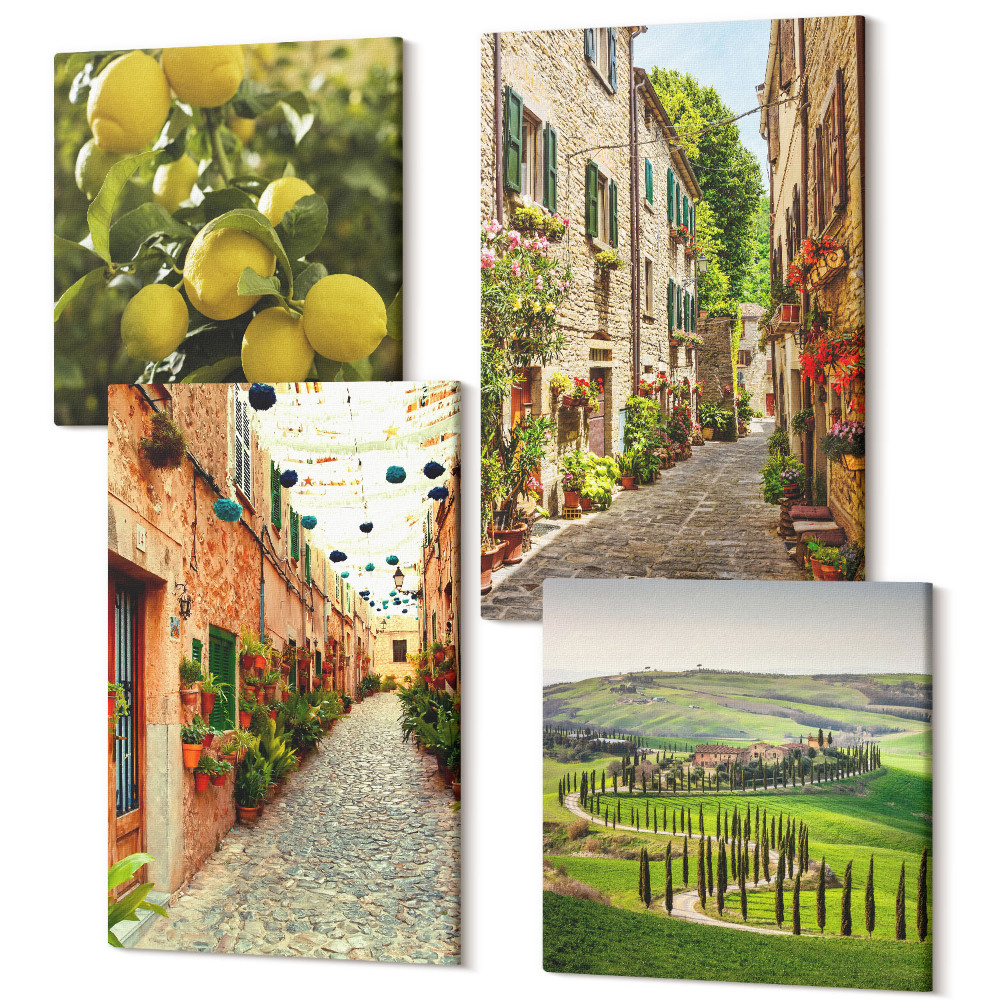 Sada obrazov kvadryptych Očarujúce uličky s kvetmi a citrónmi v pozadí