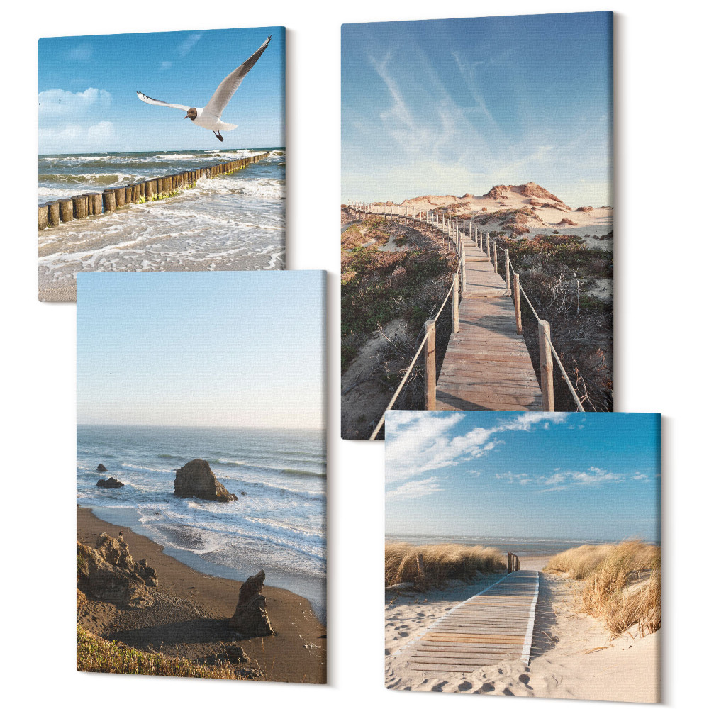 Sada obrazov kvadryptych Pohľad na pláž s vlnami, oblohou a prechádzkovým mólom