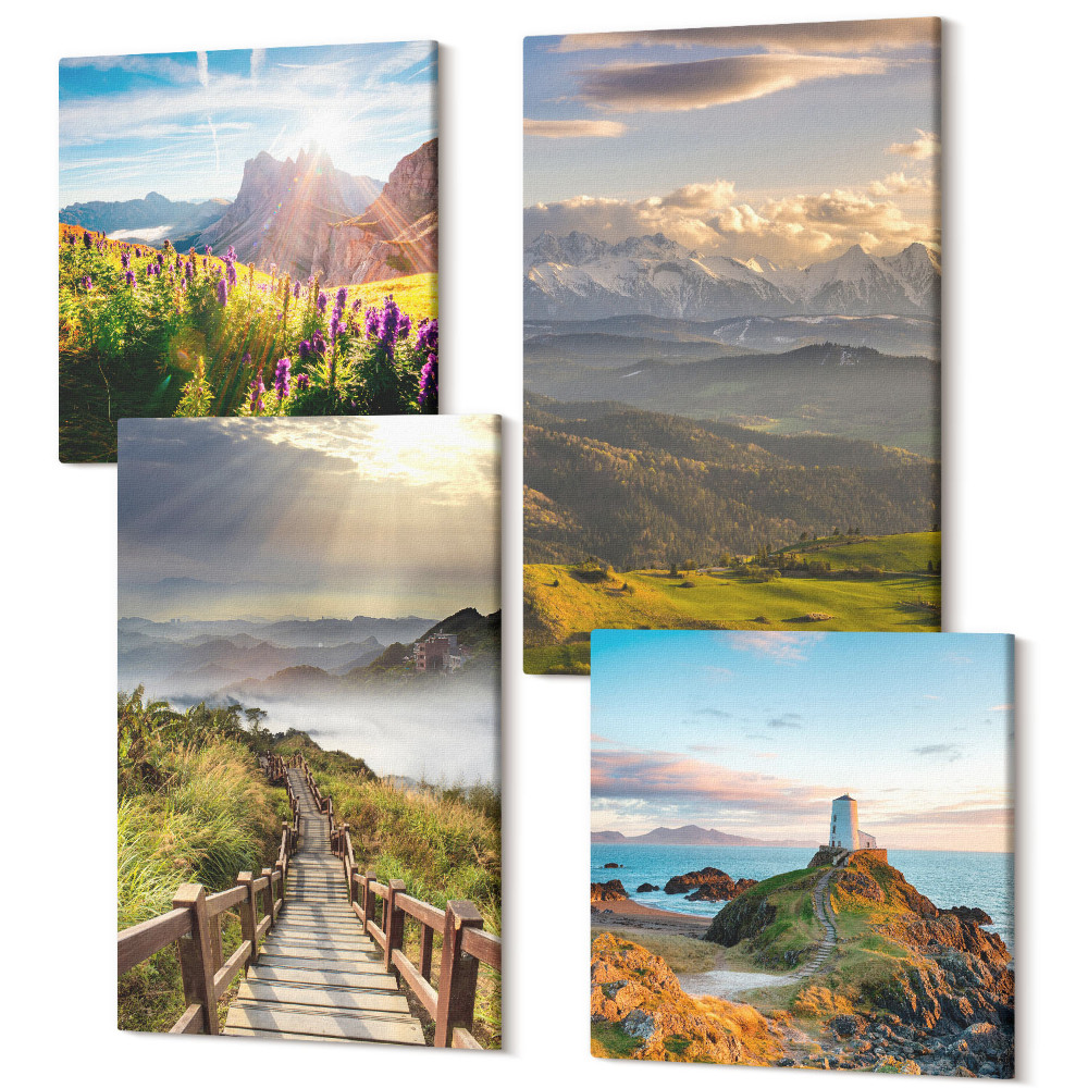 Sada obrazov na stenu kvadryptych Horské krajiny s kvetmi, oblohou a cestou