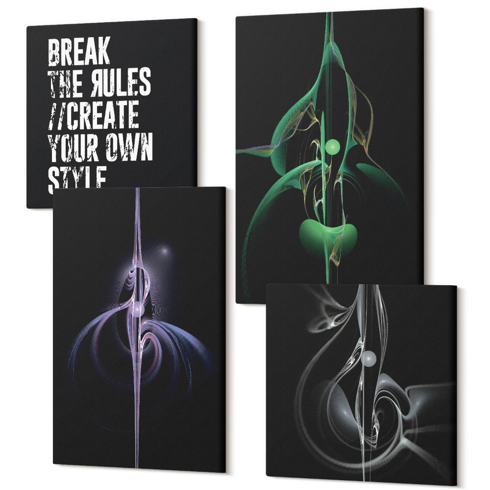 Sada obrazov na stenu kvadryptych Abstraktné vzory v čiernom nápise