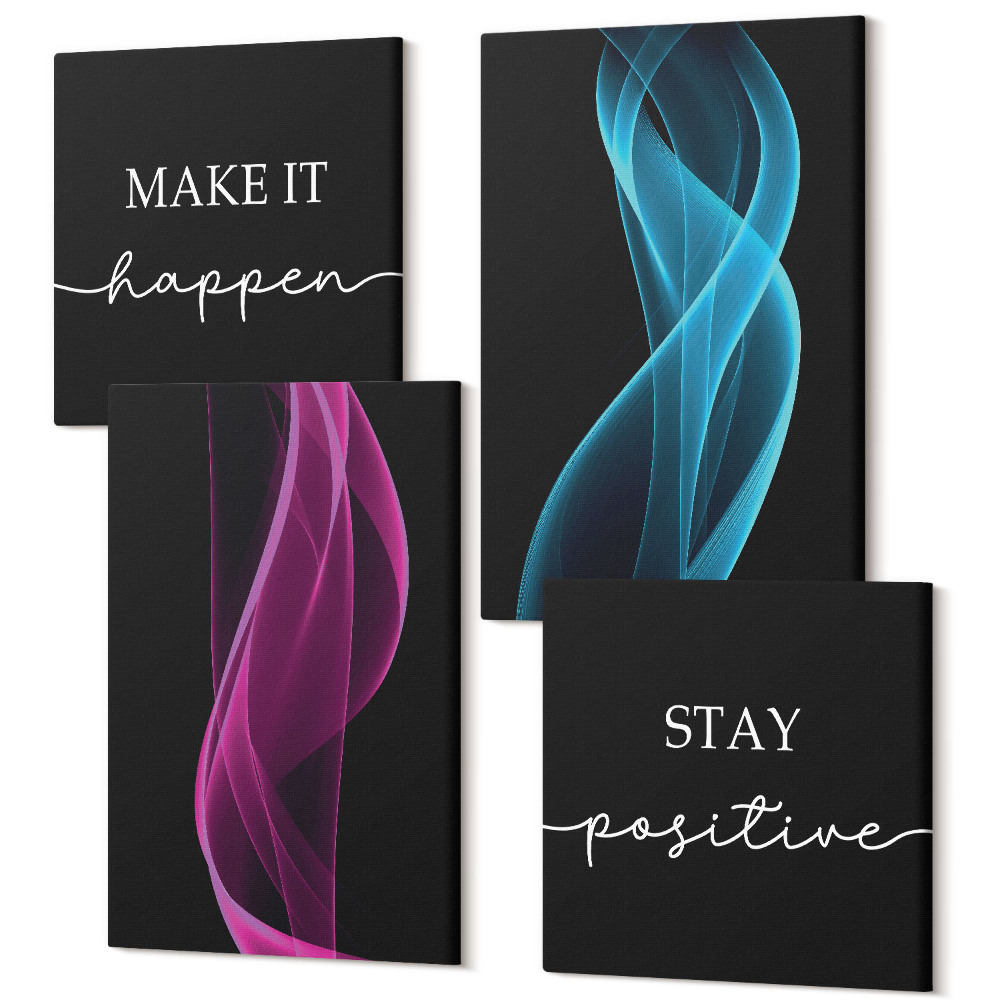 Sada 4 obrazov Vlny farebných neónových čiar na tmavom pozadí