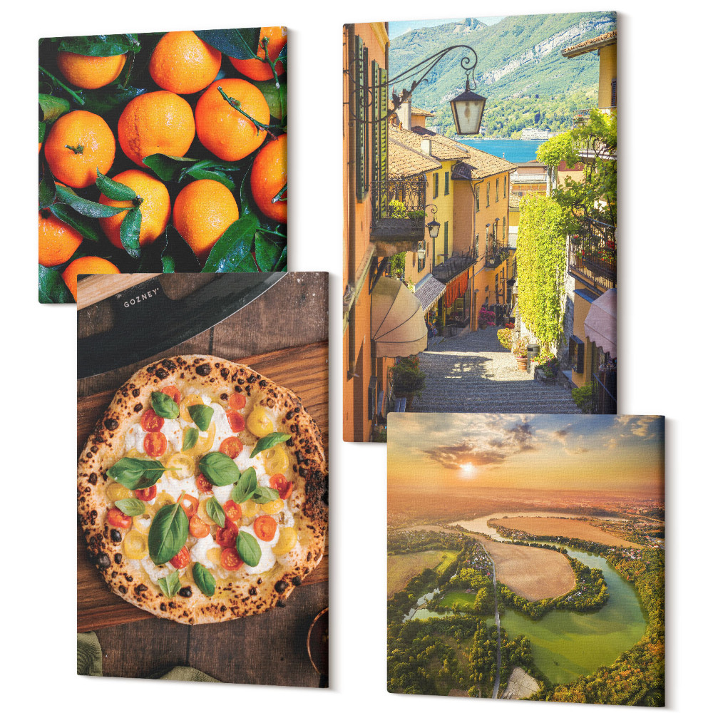 Sada obrazov kvadryptych Talianska krajina s riekou, kopcami a mestskou ulicou