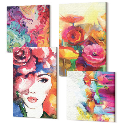Sada 4 obrazov Kvety v intenzívnych farbách, portrét ženy, abstraktné
