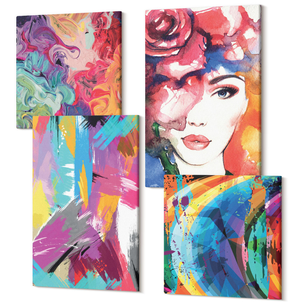 Sada 4 obrazov Farebný abstraktný portrét ženy