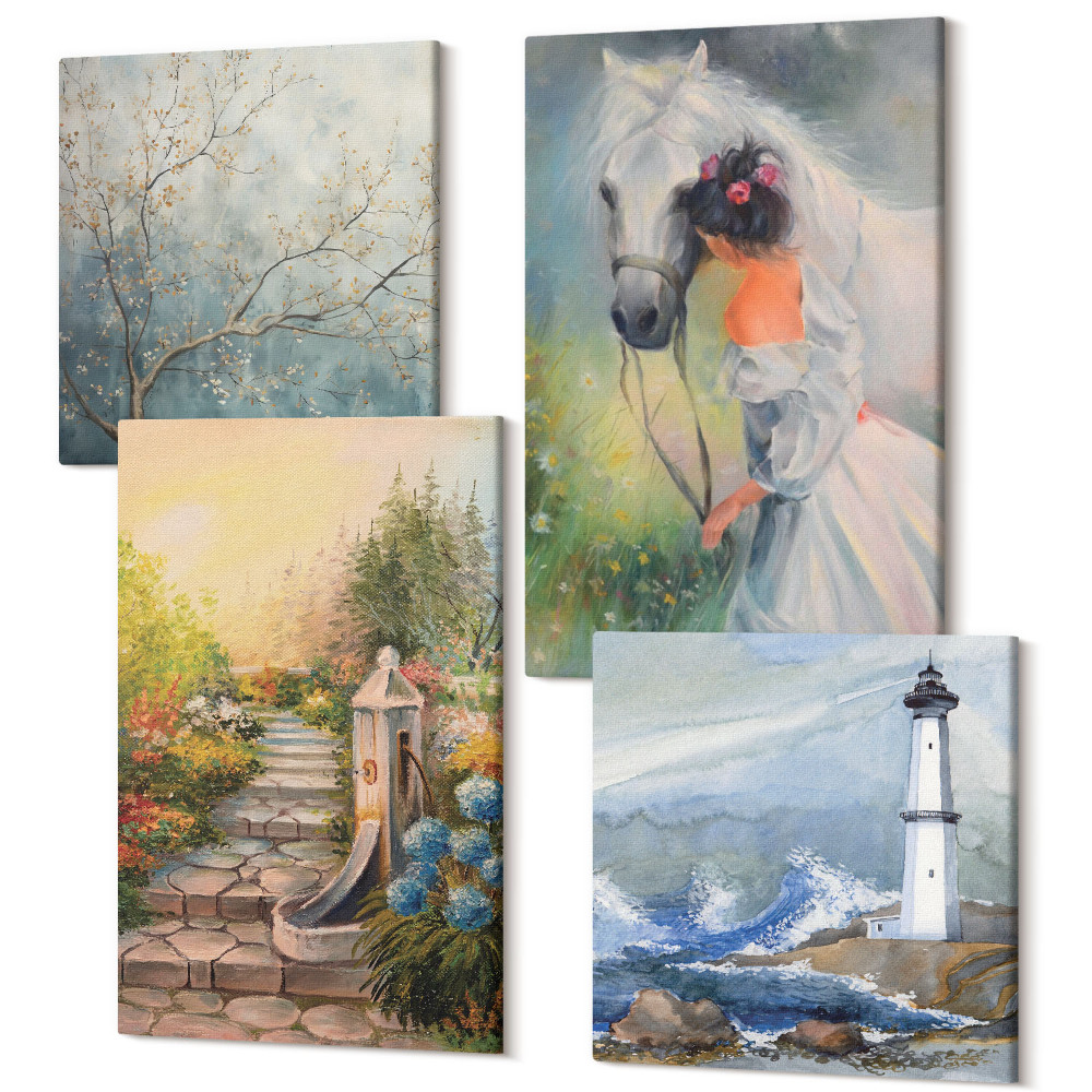 Sada 4 obrazov Prírodné scenérie maják a dievča s koňom