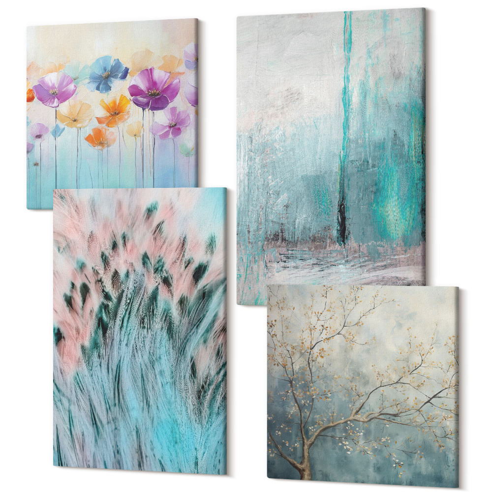 Sada obrazov kvadryptych Kvety na pozadí pastelových farieb a jemných vzorov