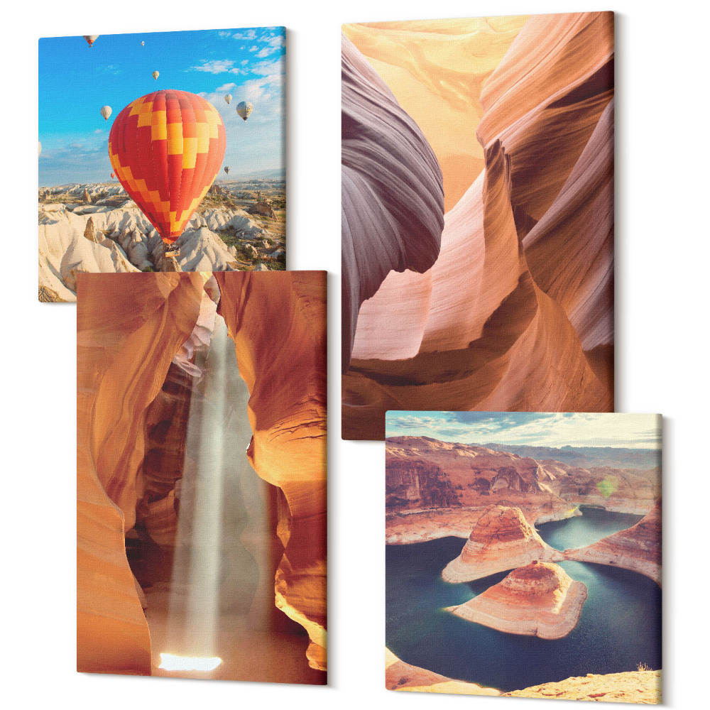 Sada 4 obrazov Vodopád v rokline skalné útvary v kaňone