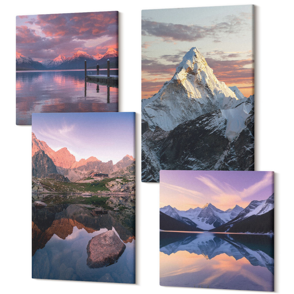 Sada 4 obrazov Horská krajina s vodou a skalami v pozadí