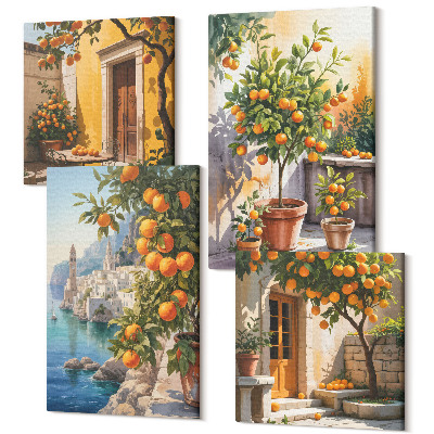Sada 4 obrazov Maľované citrusové plody a prímorské krajiny