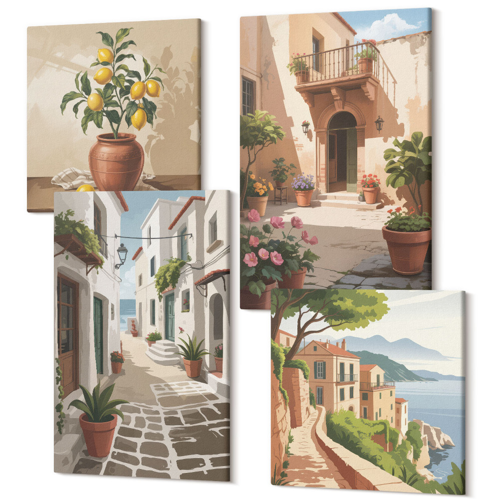 Sada obrazov na stenu kvadryptych Malebné uličky s domami a rastlinami v črepníkoch